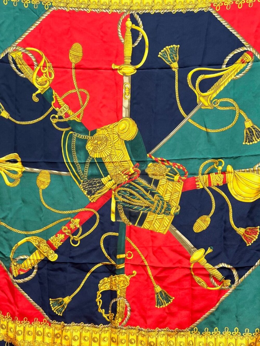 Vintage Pierre Cardin Paris 100% silk satin scarf 34" red black gold green (73 - Picture 8 of 11